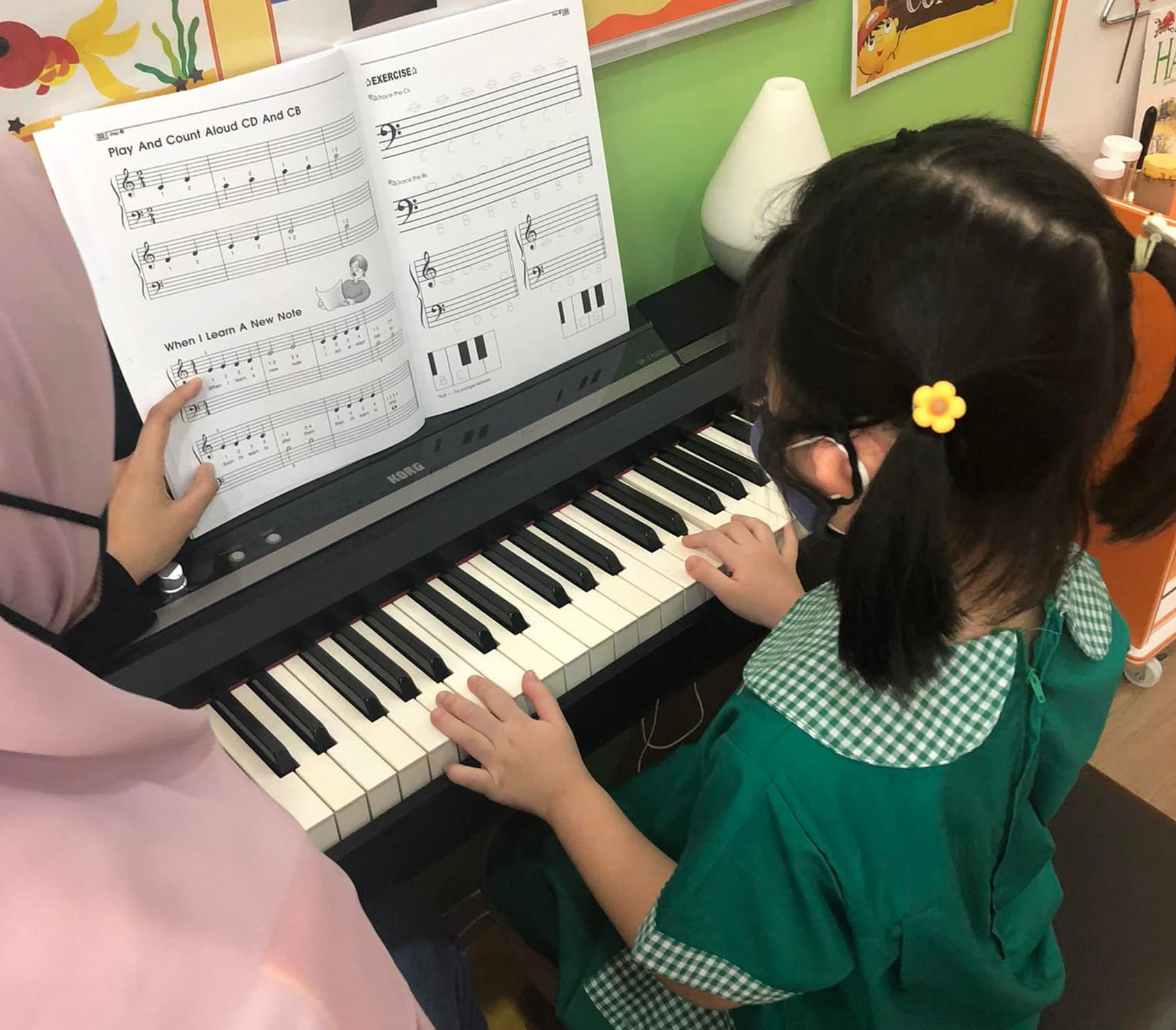 A young preschool girl is being taught how to play the piano