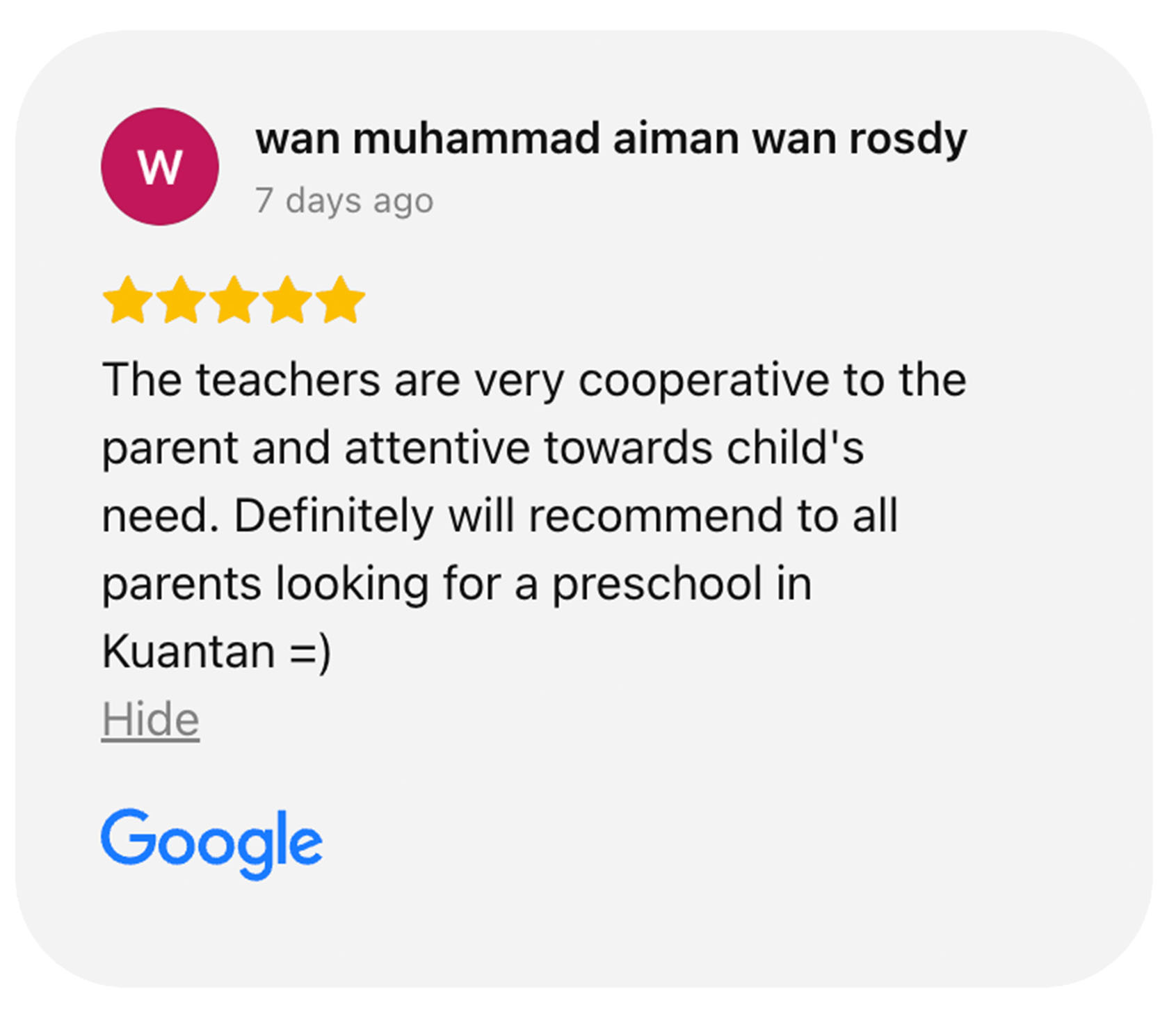 Reviews from parents in Kuantan regarding the attentive teachers