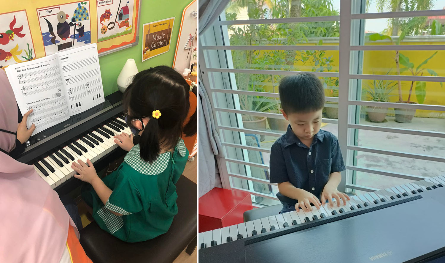 A young preschool girl in Ipoh is being taught how to play the piano & A little boy playing the piano
