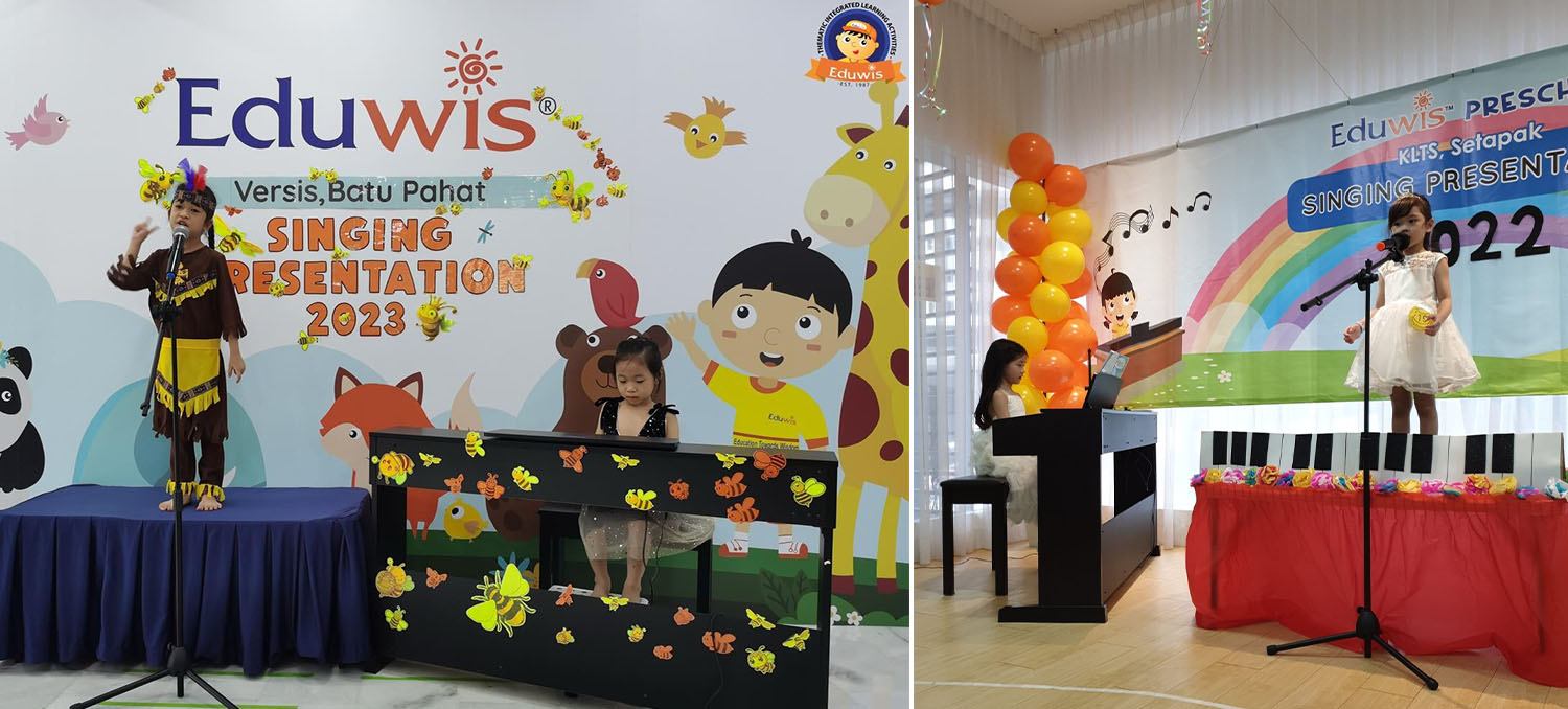 Children performing on stage for Eduwis’ Singing Presentation 2023 &  Two little girls performing on stage during a singing presentation
