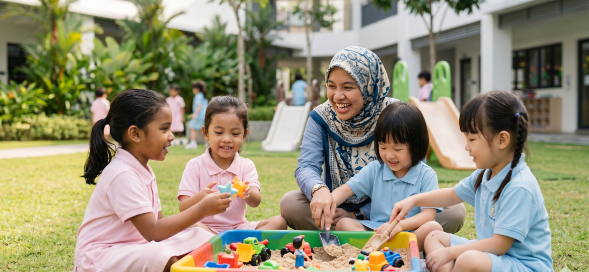 kids are playing at a preschool in malaysia with guidance and supervision of teachers
