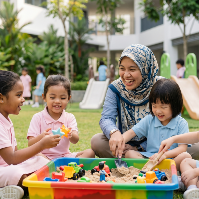 kids are playing at a preschool in malaysia with guidance and supervision of teachers